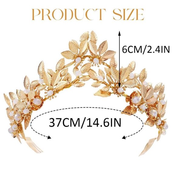 Gold Leaf Bridal Tiara Rhinestones Wedding Crowns Headpiece for Women